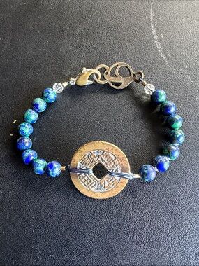 Handmade Blue-Green Azurite Malachite Beaded Bracelet with Chinese Coin Accent